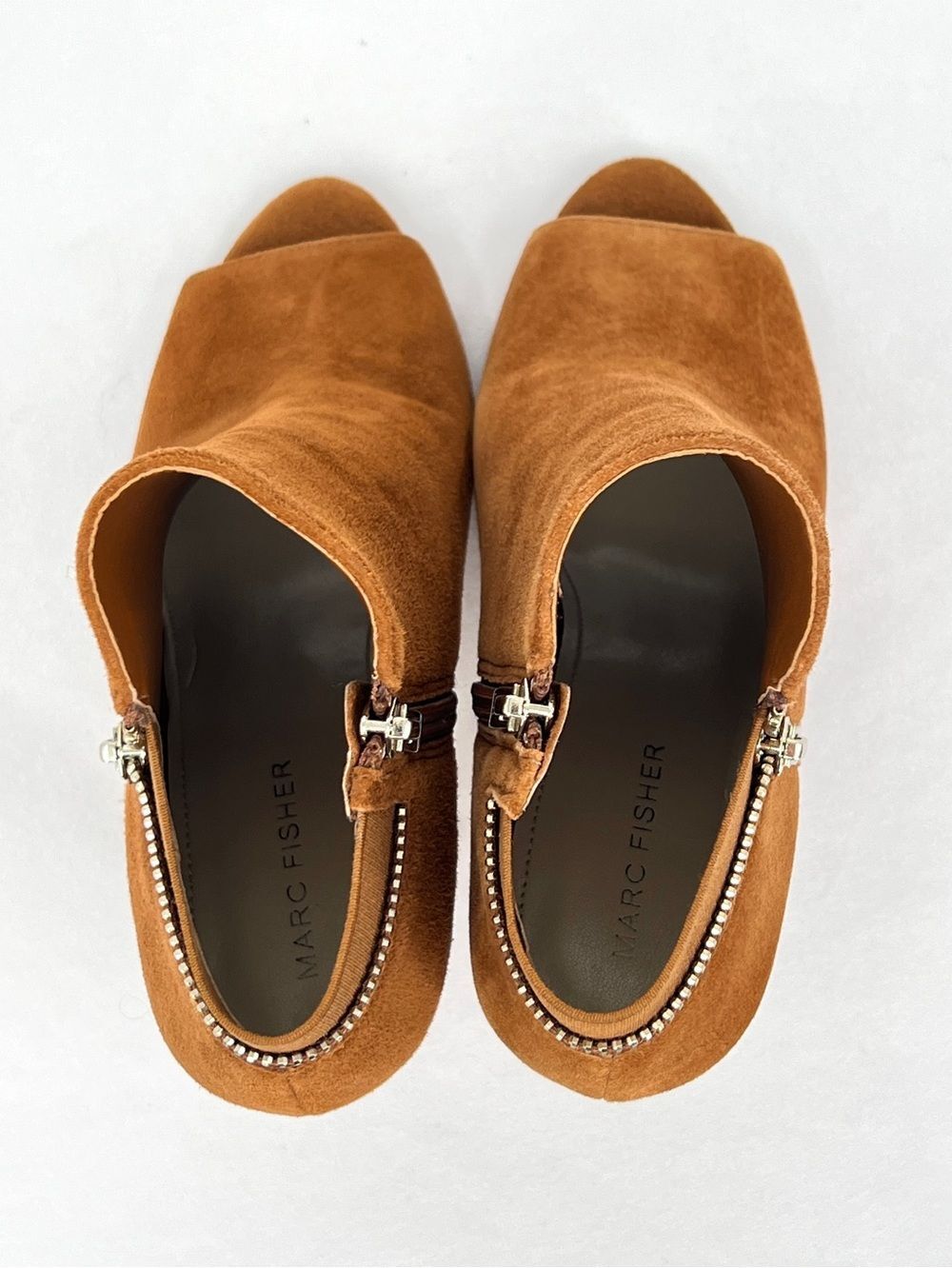 Marc Fisher Serenity Cognac Suede Peep Toe Stiletto Heel Ankle Booties Size 7M - Picture 5 of 10
